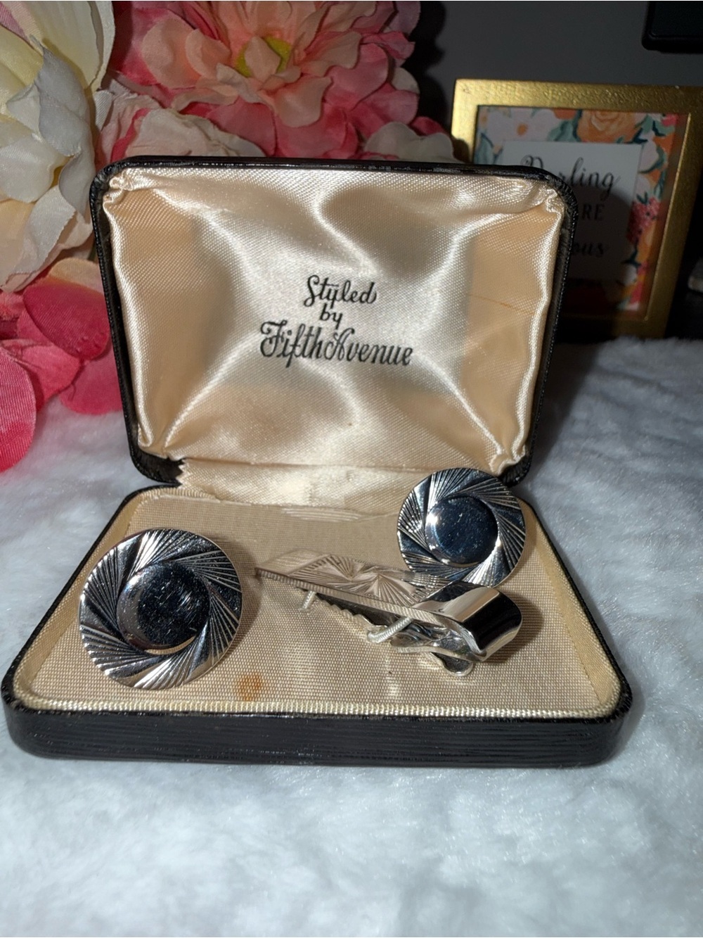 Vintage Fifth Avenue Silver Tone Cufflinks Tie Clip Set w/ Original Box